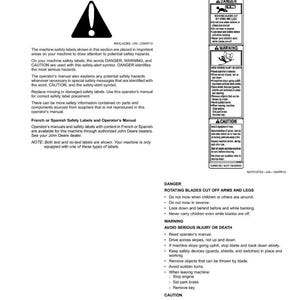 Puede incluir: Una p&aacute;gina del manual del operador con informaci&oacute;n de seguridad. El texto incluye advertencias sobre cuchillas giratorias, lesiones graves y riesgos de incendio. El manual utiliza un s&iacute;mbolo de alerta de seguridad y las palabras PELIGRO, ADVERTENCIA y PRECAUCI&Oacute;N.
