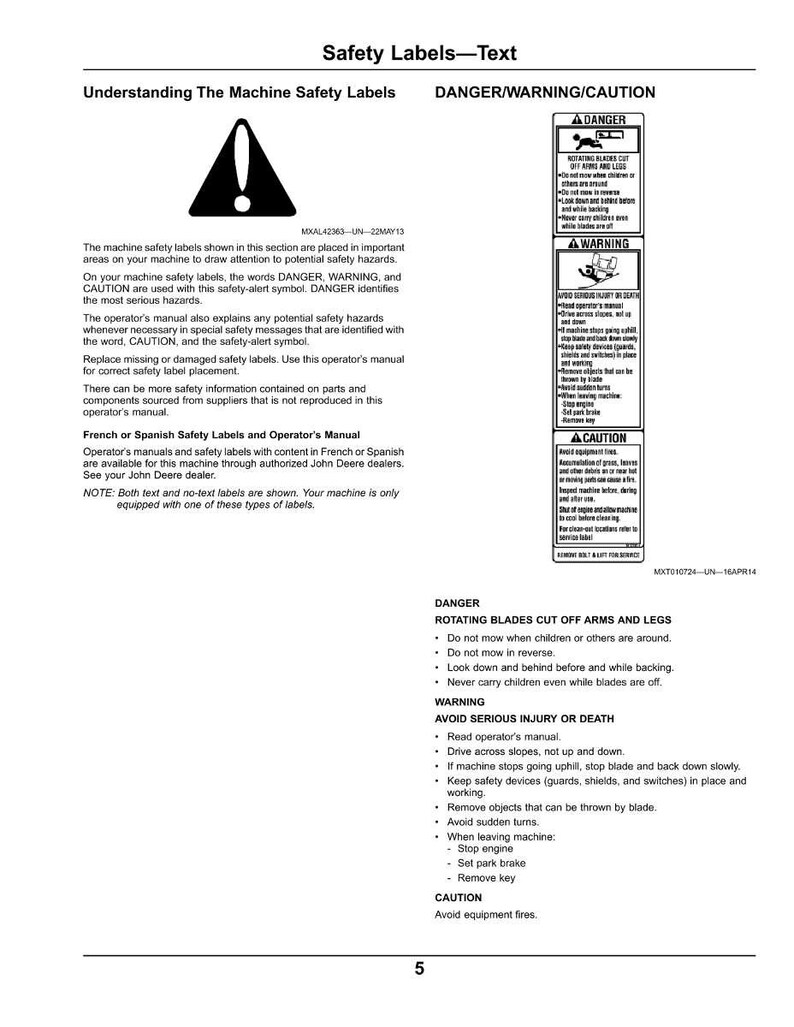 Puede incluir: Una p&aacute;gina del manual del operador con informaci&oacute;n de seguridad. El texto incluye advertencias sobre cuchillas giratorias, lesiones graves y riesgos de incendio. El manual utiliza un s&iacute;mbolo de alerta de seguridad y las palabras PELIGRO, ADVERTENCIA y PRECAUCI&Oacute;N.