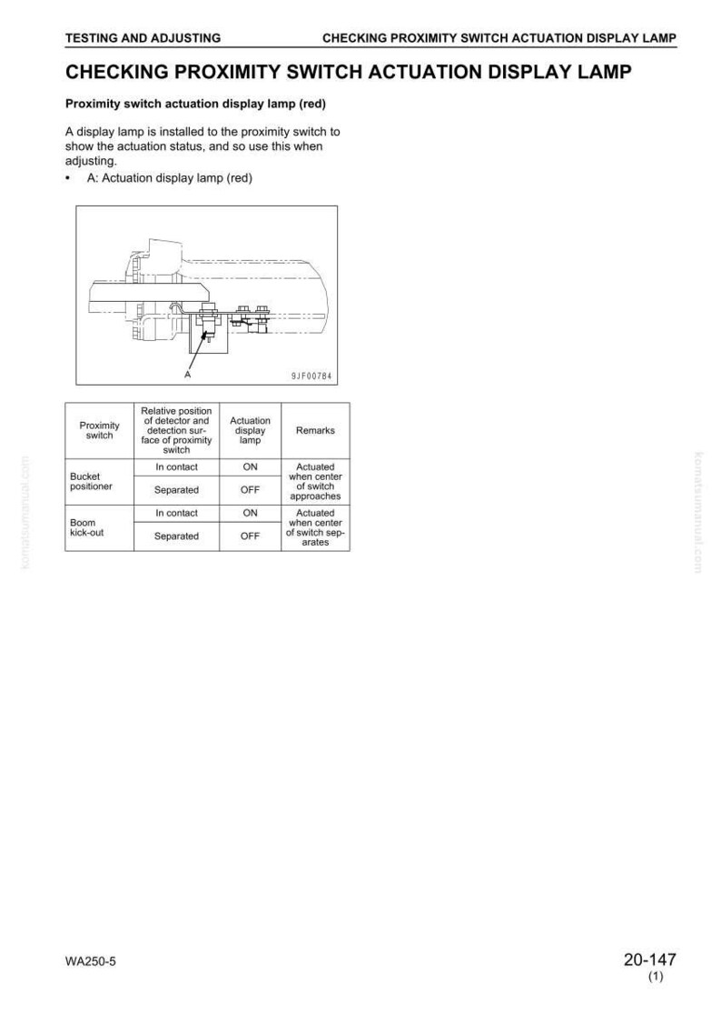 May include: Diagram of a proximity switch actuation display lamp, with text including "Checking Proximity Switch Actuation Display Lamp." Includes a diagram and a table detailing switch positions and lamp status.