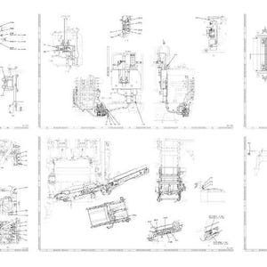 May include: A series of detailed technical diagrams, likely blueprints or schematics, are displayed across six panels. The illustrations are rendered in black and white, showcasing intricate mechanical components and assemblies with precise lines and annotations.