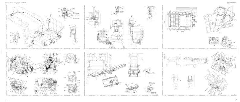 May include: A series of detailed technical diagrams, likely blueprints or schematics, are displayed across six panels. The illustrations are rendered in black and white, showcasing intricate mechanical components and assemblies with precise lines and annotations.