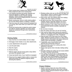 May include: Lawn mower safety guide with warnings about rotating blades and safe operation. Includes diagrams and text on checking the mowing area, parking safely, and protecting children from harm.