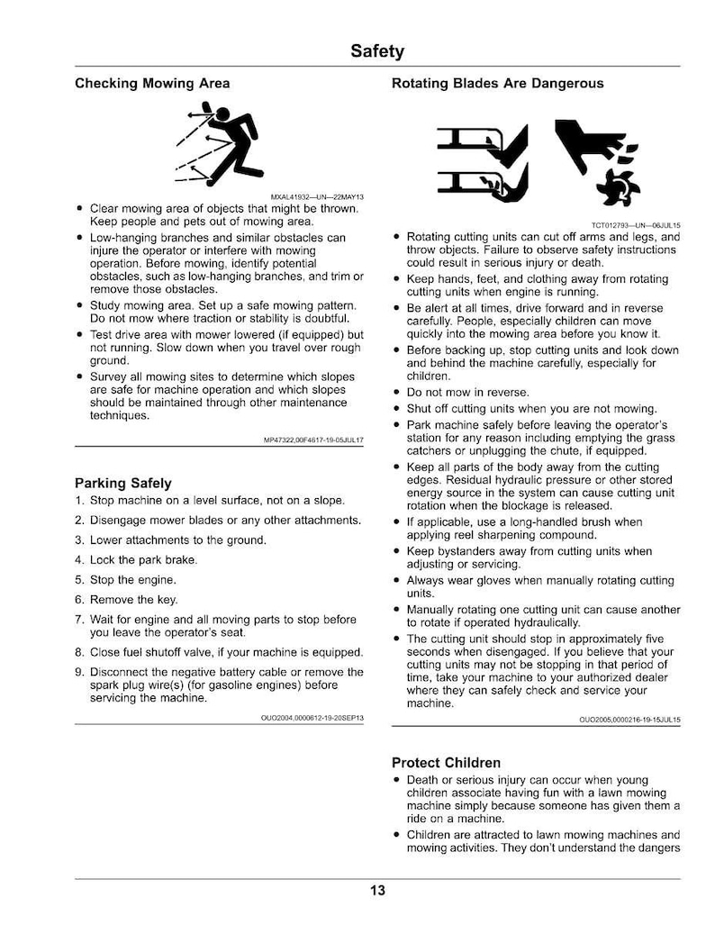 May include: Lawn mower safety guide with warnings about rotating blades and safe operation. Includes diagrams and text on checking the mowing area, parking safely, and protecting children from harm.