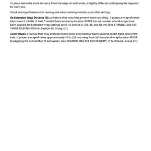 May include: White document with text explaining features like Re-Extension Wrap Distance and Cinch Wrap, including measurements in inches and centimeters. The document also includes a note about twine placement.