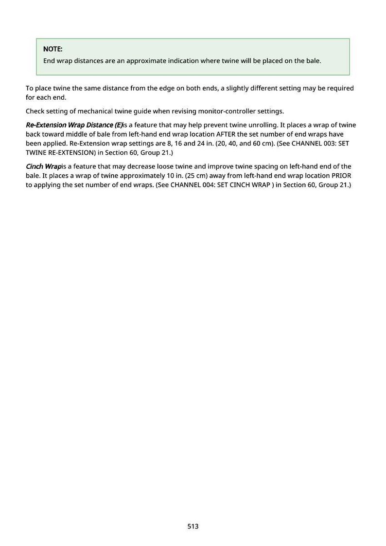 May include: White document with text explaining features like Re-Extension Wrap Distance and Cinch Wrap, including measurements in inches and centimeters. The document also includes a note about twine placement.
