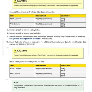 Puede incluir: P&aacute;gina de un manual t&eacute;cnico con instrucciones para el mantenimiento de cilindros hidr&aacute;ulicos. Incluye advertencias de seguridad y especificaciones para cilindros de pluma y arco, con pesos de aproximadamente 66 kg y 62 kg. Contiene diagramas.