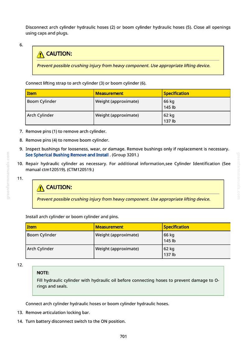 Puede incluir: P&aacute;gina de un manual t&eacute;cnico con instrucciones para el mantenimiento de cilindros hidr&aacute;ulicos. Incluye advertencias de seguridad y especificaciones para cilindros de pluma y arco, con pesos de aproximadamente 66 kg y 62 kg. Contiene diagramas.