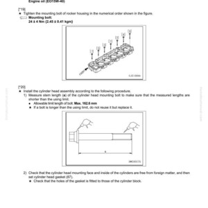 May include: Diagram from a manual detailing the disassembly and assembly of a cylinder head. Includes illustrations of parts, torque specifications, and instructions for measuring bolt lengths. Text includes "DISASSEMBLY AND ASSEMBLY" and "Engine oil (EO15W-40)".