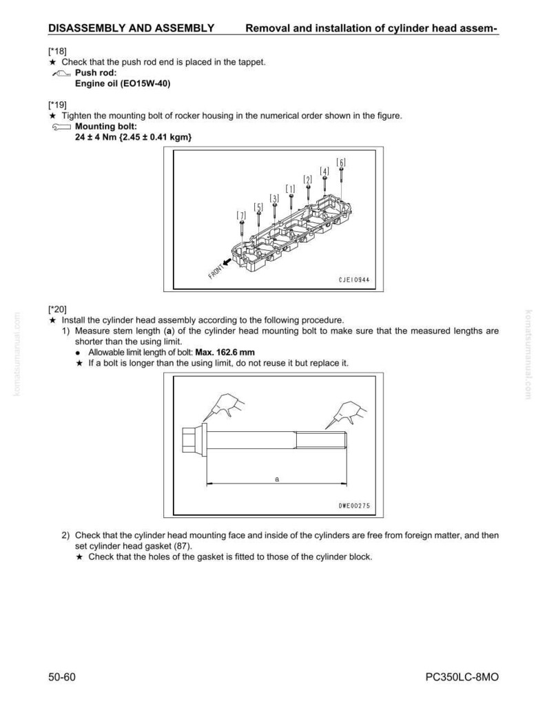 May include: Diagram from a manual detailing the disassembly and assembly of a cylinder head. Includes illustrations of parts, torque specifications, and instructions for measuring bolt lengths. Text includes "DISASSEMBLY AND ASSEMBLY" and "Engine oil (EO15W-40)".