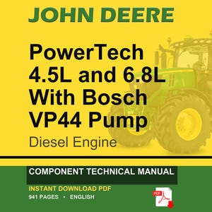 Könnte beinhalten: Ein technisches Handbuch für John Deere PowerTech 4.5L und 6.8L Dieselmotoren mit Bosch VP44 Pumpe. Das Cover zeigt eine grüne Traktorillustration auf gelbem Hintergrund mit schwarzem Text und einem roten PDF-Download-Symbol unten.