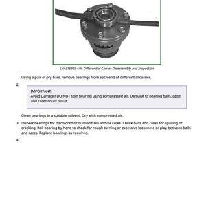 K&ouml;nnte beinhalten: Abbildung einer Differentialtr&auml;gerbaugruppe mit dem Text "Differential Carrier Disassembly and Inspection". Die Baugruppe ist silber und schwarz, mit mehreren sichtbaren Komponenten. Der Text "LVAL16369-UN" ist ebenfalls vorhanden. Anweisungen sind enthalten.