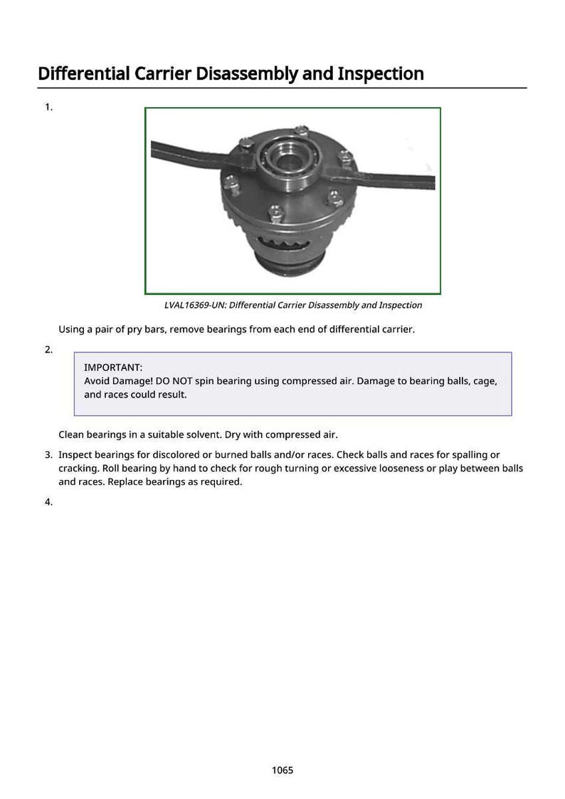 K&ouml;nnte beinhalten: Abbildung einer Differentialtr&auml;gerbaugruppe mit dem Text "Differential Carrier Disassembly and Inspection". Die Baugruppe ist silber und schwarz, mit mehreren sichtbaren Komponenten. Der Text "LVAL16369-UN" ist ebenfalls vorhanden. Anweisungen sind enthalten.