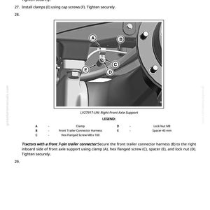 Puede incluir: Diagrama del soporte del eje delantero de un tractor con componentes etiquetados: abrazadera, arn&eacute;s del conector, tornillo, espaciador y tuerca de seguridad. Instrucciones de texto detallan los pasos de montaje del sistema hidr&aacute;ulico.