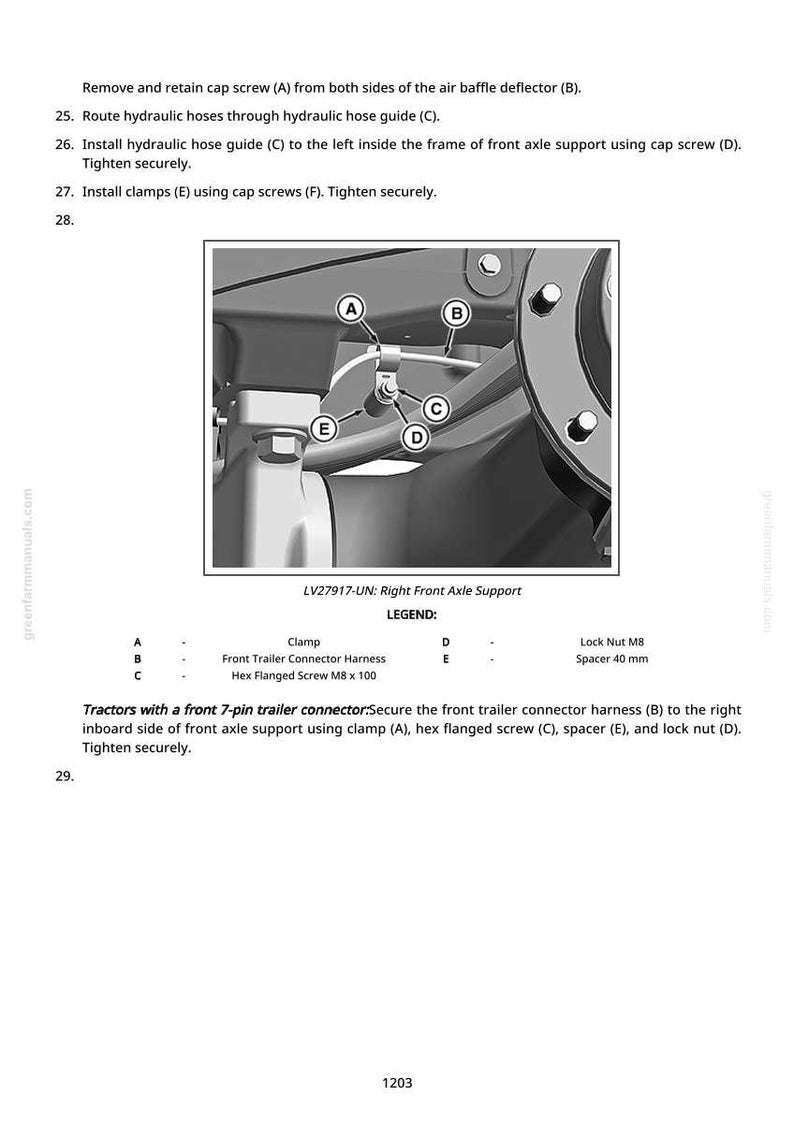 Puede incluir: Diagrama del soporte del eje delantero de un tractor con componentes etiquetados: abrazadera, arn&eacute;s del conector, tornillo, espaciador y tuerca de seguridad. Instrucciones de texto detallan los pasos de montaje del sistema hidr&aacute;ulico.