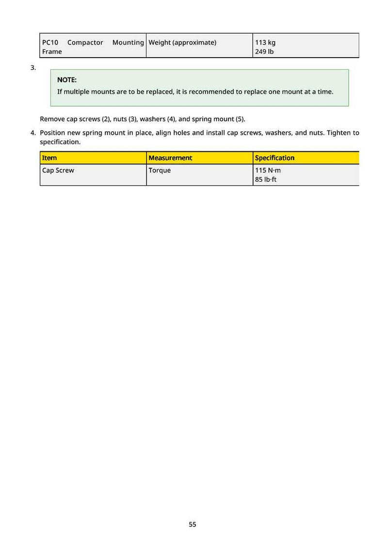 May include: A technical document with specifications for a PC10 compactor frame. Includes weight information in pounds and kilograms, along with instructions for replacing components like cap screws and spring mounts. Torque specifications are provided.