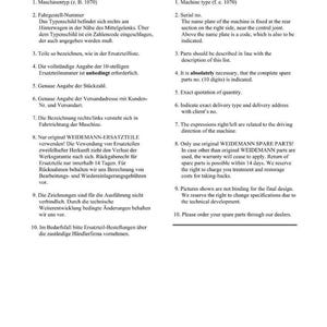 Pu&ograve; includere: Un documento con testo in tedesco e inglese che fornisce istruzioni per ordinare pezzi di ricambio. Il testo include dettagli sul tipo di macchina, i numeri di serie e le descrizioni dei pezzi. Il documento specifica anche informazioni sulla garanzia e sulle politiche di reso.
