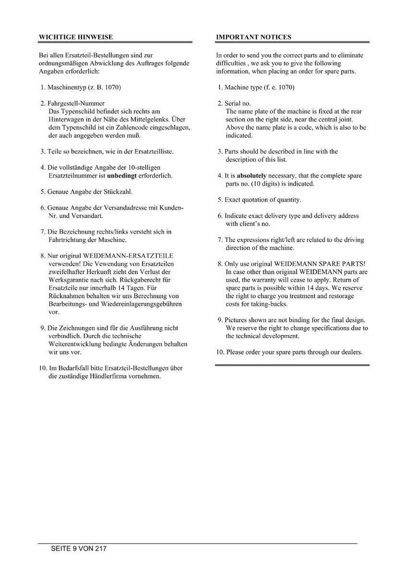 Pu&ograve; includere: Un documento con testo in tedesco e inglese che fornisce istruzioni per ordinare pezzi di ricambio. Il testo include dettagli sul tipo di macchina, i numeri di serie e le descrizioni dei pezzi. Il documento specifica anche informazioni sulla garanzia e sulle politiche di reso.