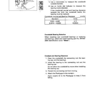 Puede incluir: P&aacute;gina de un manual t&eacute;cnico con instrucciones de montaje del motor. Incluye diagramas y especificaciones para la holgura del cojinete del cig&uuml;e&ntilde;al, con medidas en mil&iacute;metros. El texto proporciona orientaci&oacute;n sobre la selecci&oacute;n e instalaci&oacute;n de cojinetes.