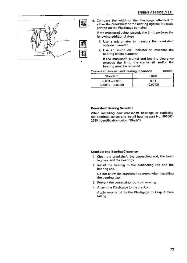 Puede incluir: P&aacute;gina de un manual t&eacute;cnico con instrucciones de montaje del motor. Incluye diagramas y especificaciones para la holgura del cojinete del cig&uuml;e&ntilde;al, con medidas en mil&iacute;metros. El texto proporciona orientaci&oacute;n sobre la selecci&oacute;n e instalaci&oacute;n de cojinetes.