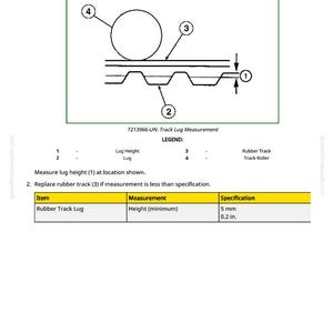 May include: Diagram illustrating how to measure rubber track height. The image includes a diagram with numbered components and a table specifying a minimum height of 0.2 inches for the rubber track lug.