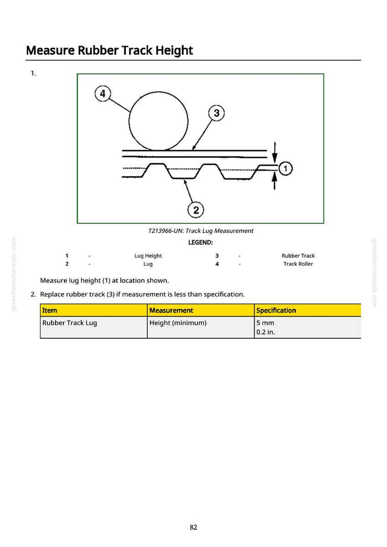 May include: Diagram illustrating how to measure rubber track height. The image includes a diagram with numbered components and a table specifying a minimum height of 0.2 inches for the rubber track lug.