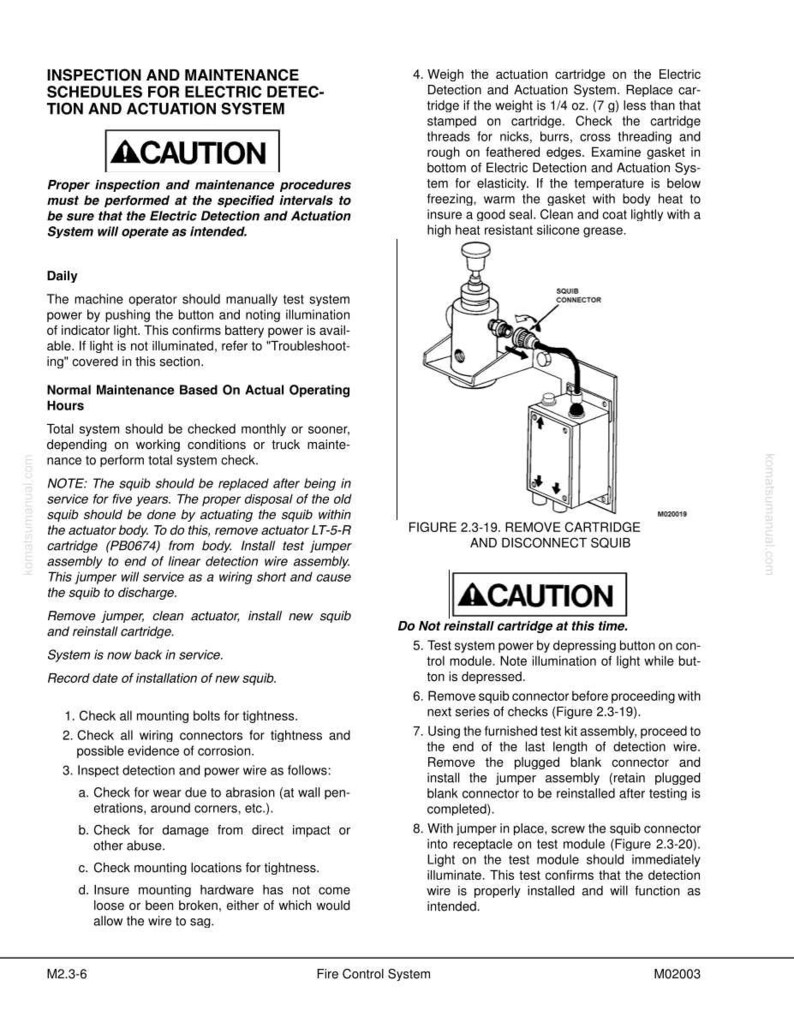 May include: Technical diagram with instructions for an electric detection and actuation system. Features a caution notice, a squib connector diagram, and maintenance procedures for the system.
