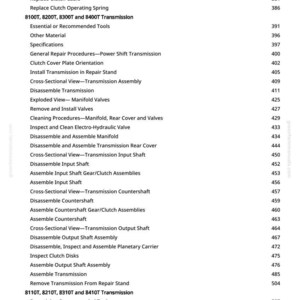 Puede incluir: Una p&aacute;gina de manual con una lista de procedimientos para la reparaci&oacute;n de la transmisi&oacute;n del tractor. El texto incluye t&iacute;tulos como "Reemplazar polea de transmisi&oacute;n auxiliar" y "Desmontar la transmisi&oacute;n". El n&uacute;mero de p&aacute;gina es 8.