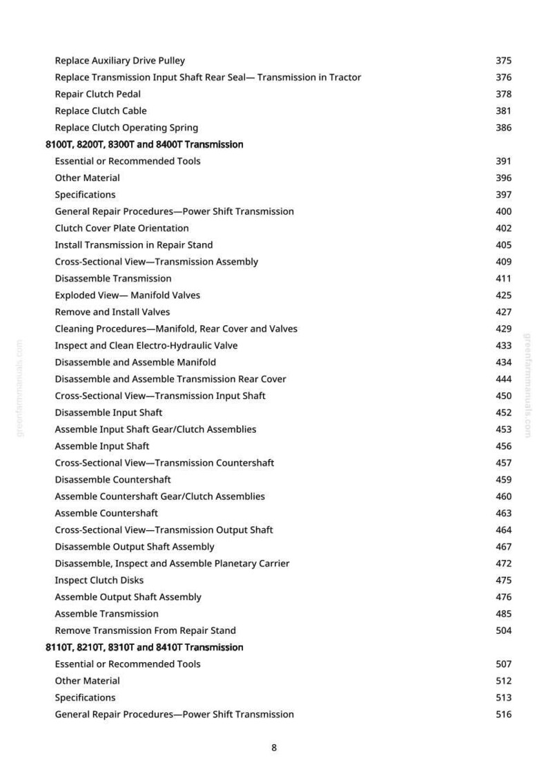 Puede incluir: Una p&aacute;gina de manual con una lista de procedimientos para la reparaci&oacute;n de la transmisi&oacute;n del tractor. El texto incluye t&iacute;tulos como "Reemplazar polea de transmisi&oacute;n auxiliar" y "Desmontar la transmisi&oacute;n". El n&uacute;mero de p&aacute;gina es 8.