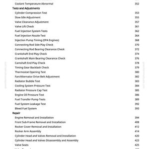 K&ouml;nnte beinhalten: Eine wei&szlig;e Seite aus einem greenfarmmanuals.com-Handbuch mit einer Auflistung von Automobiltests, -einstellungen und -reparaturverfahren. Der Text umfasst Motordiagnosen, Kraftstoffsystemtests und Anweisungen zum Ausbau von Komponenten. Die Seitenzahl 6 ist sichtbar.