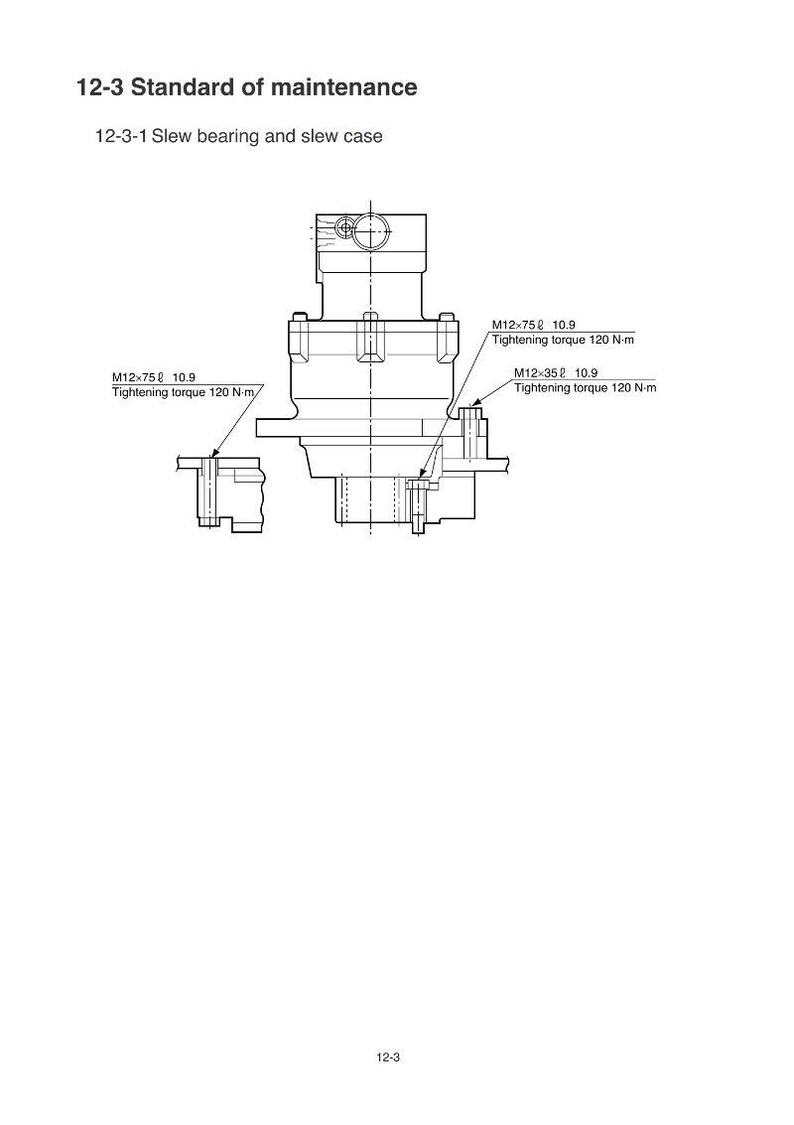 May include: Diagram of a mechanical component with labels indicating tightening torque specifications. The text includes "12-3 Standard of maintenance" and "12-3-1 Slew bearing and slew case". Measurements are in Newton-meters.