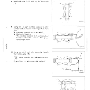 Puede incluir: Diagrama t&eacute;cnico que ilustra el desmontaje y montaje de un rodillo de oruga. La imagen incluye instrucciones detalladas, diagramas y mediciones para el mantenimiento y la reparaci&oacute;n. Incluye diagramas de piezas y herramientas.