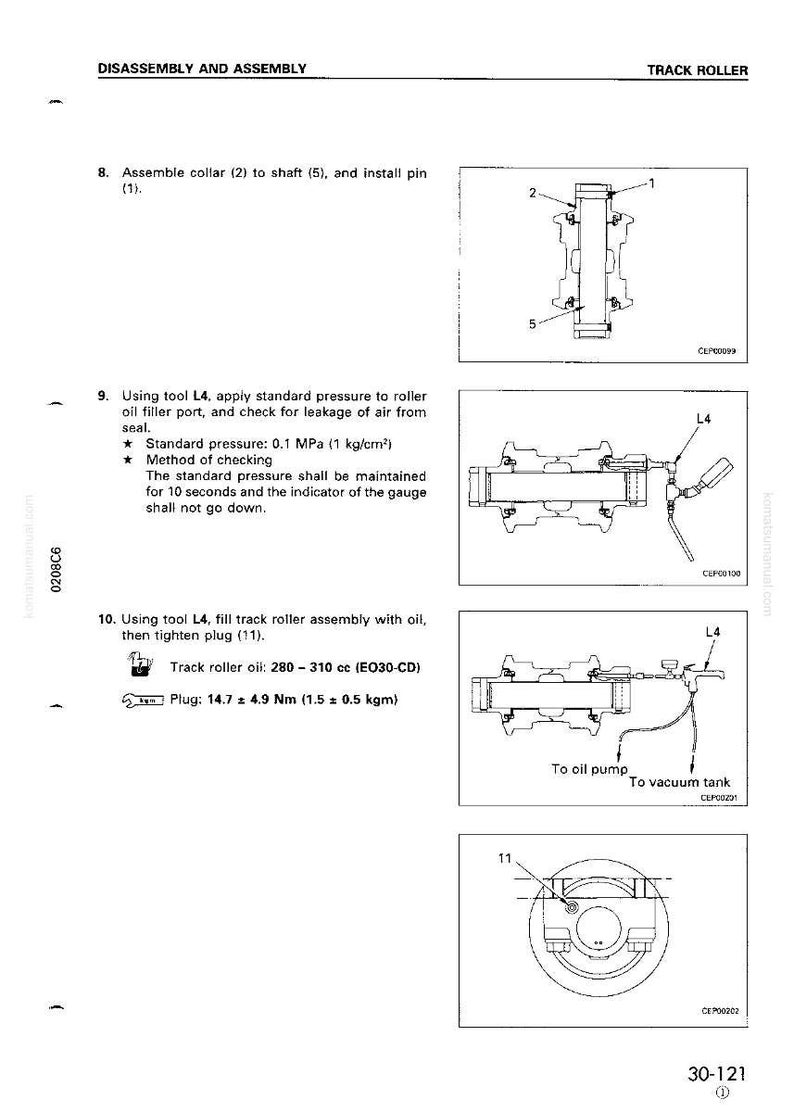 Puede incluir: Diagrama t&eacute;cnico que ilustra el desmontaje y montaje de un rodillo de oruga. La imagen incluye instrucciones detalladas, diagramas y mediciones para el mantenimiento y la reparaci&oacute;n. Incluye diagramas de piezas y herramientas.