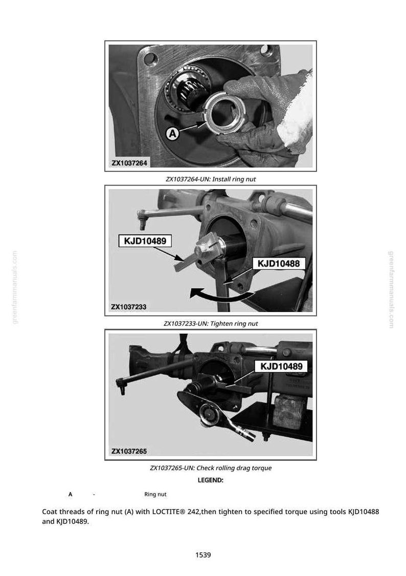 May include: Technical diagram showing the installation and tightening of a ring nut using tools KJD10488 and KJD10489. The image includes close-ups with labels and instructions for the process.