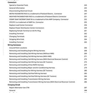 May include: A detailed page from a manual, listing various automotive electrical system components and procedures. Includes sections on connectors, wiring harnesses, and charging circuits, with page numbers.