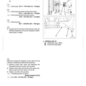 K&ouml;nnte beinhalten: Technische Zeichnung mit Anweisungen zur Demontage und Montage, einschlie&szlig;lich Drehmomentangaben in Newtonmetern und Kilogrammmetern. Enth&auml;lt Diagramme von Komponenten mit Beschriftungen und Messungen.