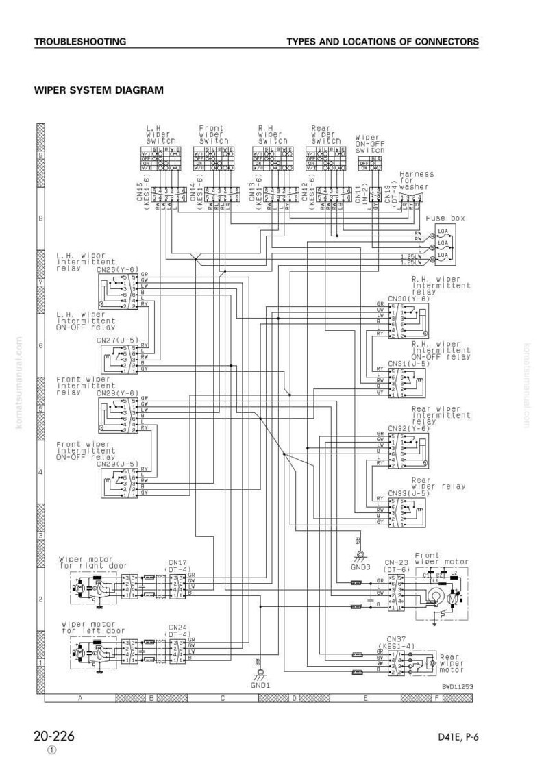 May include: A detailed wiring diagram for a wiper system, featuring various switches, relays, and connectors. The diagram includes labels such as "Wiper System Diagram," "Troubleshooting," and "Types and Locations of Connectors." The image is a technical illustration.