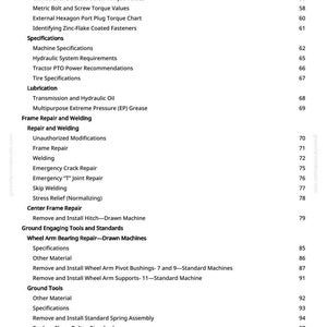 May include: A page from a manual with a table of contents. The text includes topics like "Frame Repair and Welding", "Lubrication", and "Specifications". The page number is visible at the bottom. The background is white.