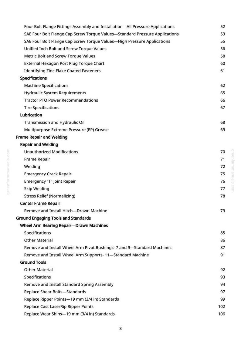 May include: A page from a manual with a table of contents. The text includes topics like "Frame Repair and Welding", "Lubrication", and "Specifications". The page number is visible at the bottom. The background is white.