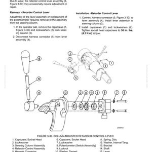 K&ouml;nnte beinhalten: Technische Zeichnung einer am Lenks&auml;ule montierten Retarder-Steuerhebelbaugruppe. Das Bild zeigt verschiedene Komponenten wie Schrauben, Sicherungsscheiben und einen Griff. Anweisungen zur Demontage und Montage sind enthalten, mit Drehmomentangaben.