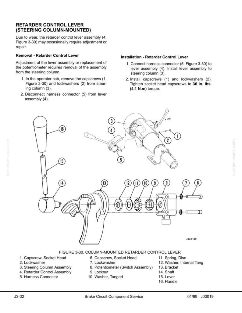 K&ouml;nnte beinhalten: Technische Zeichnung einer am Lenks&auml;ule montierten Retarder-Steuerhebelbaugruppe. Das Bild zeigt verschiedene Komponenten wie Schrauben, Sicherungsscheiben und einen Griff. Anweisungen zur Demontage und Montage sind enthalten, mit Drehmomentangaben.
