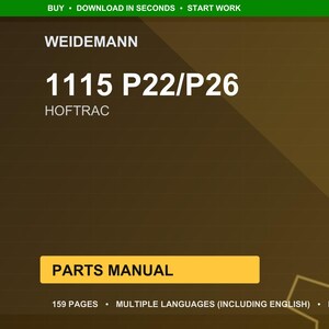 Op de afbeelding: Digitale documentomslag met een donkerbruine achtergrond en een groene kop. De tekst bevat "WEIDEMANN", "1115 P22/P26" en "HOFTRAC". Een gele rechthoek leest "PARTS MANUAL". Het document is 159 pagina's en in meerdere talen.