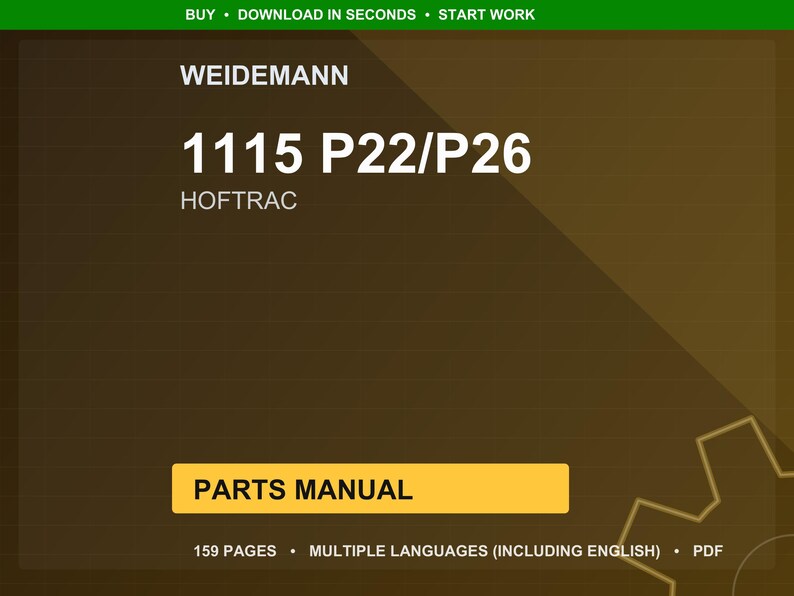 Op de afbeelding: Digitale documentomslag met een donkerbruine achtergrond en een groene kop. De tekst bevat "WEIDEMANN", "1115 P22/P26" en "HOFTRAC". Een gele rechthoek leest "PARTS MANUAL". Het document is 159 pagina's en in meerdere talen.