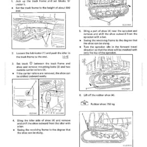 Op de afbeelding: Diagram met de demontage en montage van een rubberen schoen. De afbeelding bevat stapsgewijze instructies met diagrammen, inclusief het plaatsen van blokken, het losmaken van smeermiddelen en het verwijderen van bouten. De rubberen schoen weegt 750 kg.