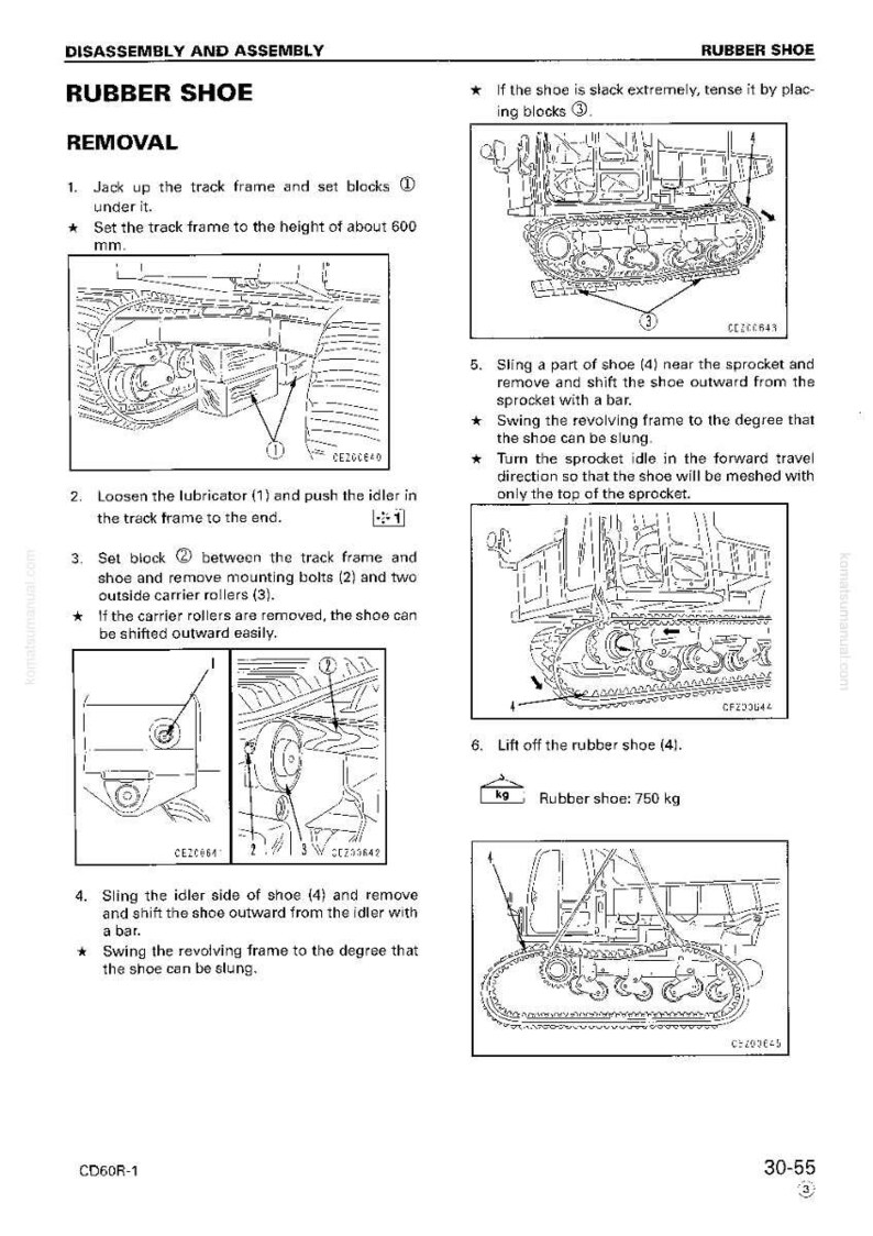 Op de afbeelding: Diagram met de demontage en montage van een rubberen schoen. De afbeelding bevat stapsgewijze instructies met diagrammen, inclusief het plaatsen van blokken, het losmaken van smeermiddelen en het verwijderen van bouten. De rubberen schoen weegt 750 kg.
