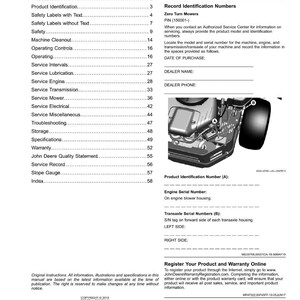 Peut inclure: Une page d'un manuel John Deere, pr&eacute;sentant une table des mati&egrave;res et des informations d'identification du produit. La page comprend des sections sur la s&eacute;curit&eacute;, l'entretien et la garantie, avec des sch&eacute;mas de composants de machines.