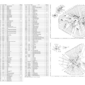 May include: A detailed technical diagram with multiple sections. The left side features a long list of text and numbers in columns. The right side displays several isometric drawings with lines and labels, likely illustrating components or assembly instructions.