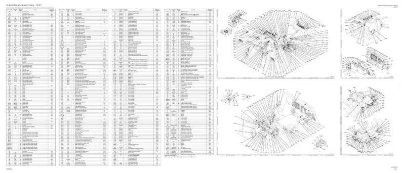 May include: A detailed technical diagram with multiple sections. The left side features a long list of text and numbers in columns. The right side displays several isometric drawings with lines and labels, likely illustrating components or assembly instructions.