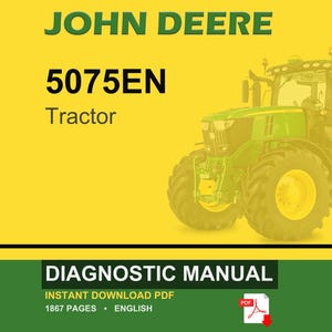 Pu&ograve; includere: Un trattore John Deere 5075EN &egrave; raffigurato su sfondo giallo. Il trattore &egrave; verde con ruote gialle. Le parole "JOHN DEERE" e "5075EN Tractor" sono visualizzate in verde e nero. Sotto c'&egrave; uno striscione verde con la scritta "DIAGNOSTIC MANUAL".