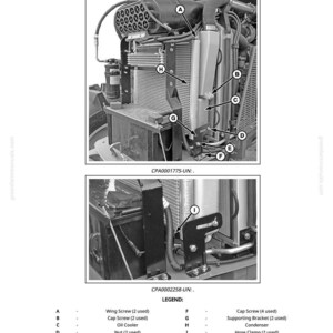 May include: Diagram illustrating the removal, inspection, and installation of a hydraulic oil cooler. The image shows detailed views of the cooler assembly with labeled components, including screws, brackets, and the condenser.