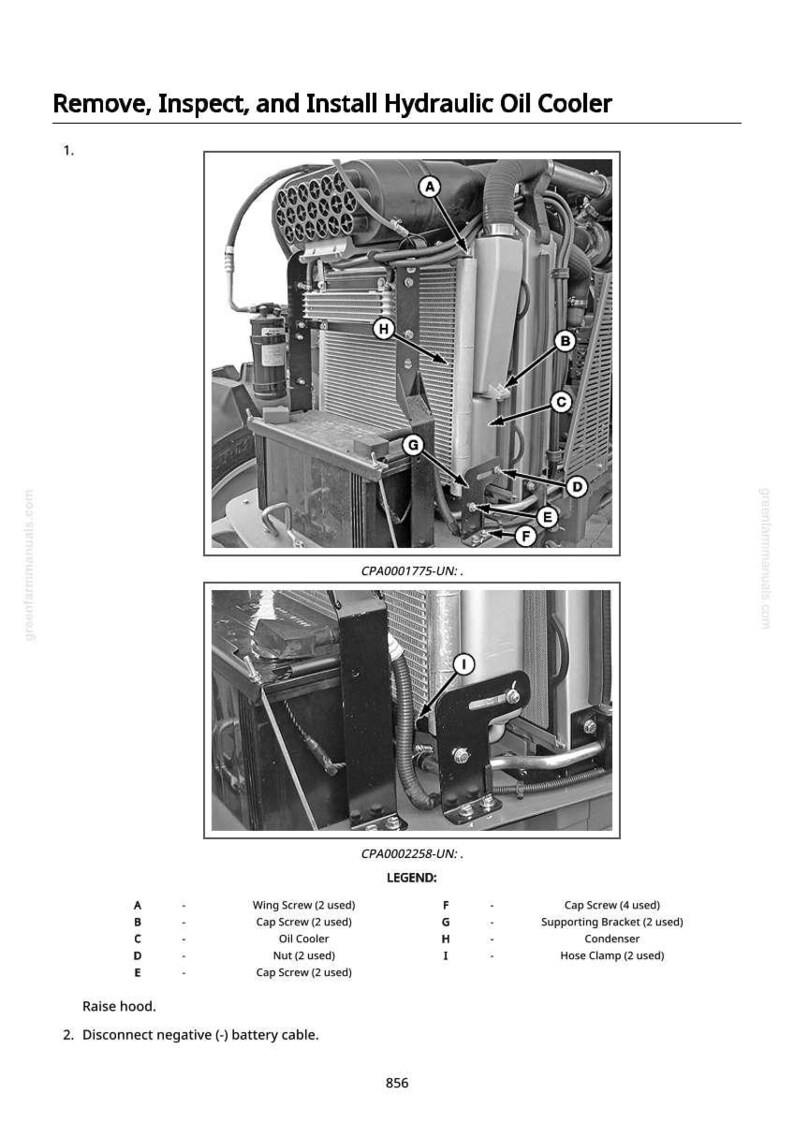 May include: Diagram illustrating the removal, inspection, and installation of a hydraulic oil cooler. The image shows detailed views of the cooler assembly with labeled components, including screws, brackets, and the condenser.
